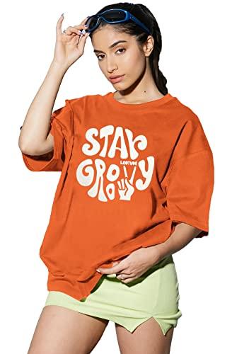 leotude half sleeve oversized tshirt for women, round neck longline drop shoulder | colorful printed t-shirt (color red) (m, orange)
