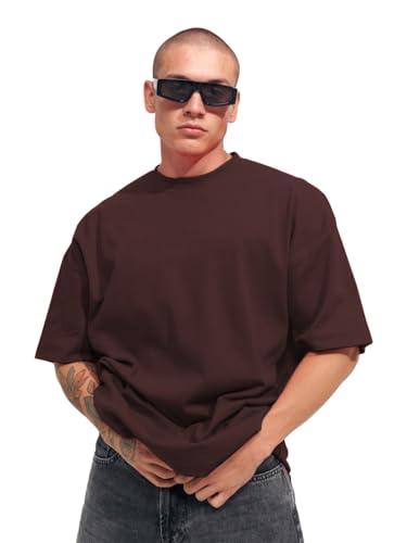 leotude men's oversized half sleeve round neck cottonblend tshirt (fs49_plain_red_blk_p_brown_l)