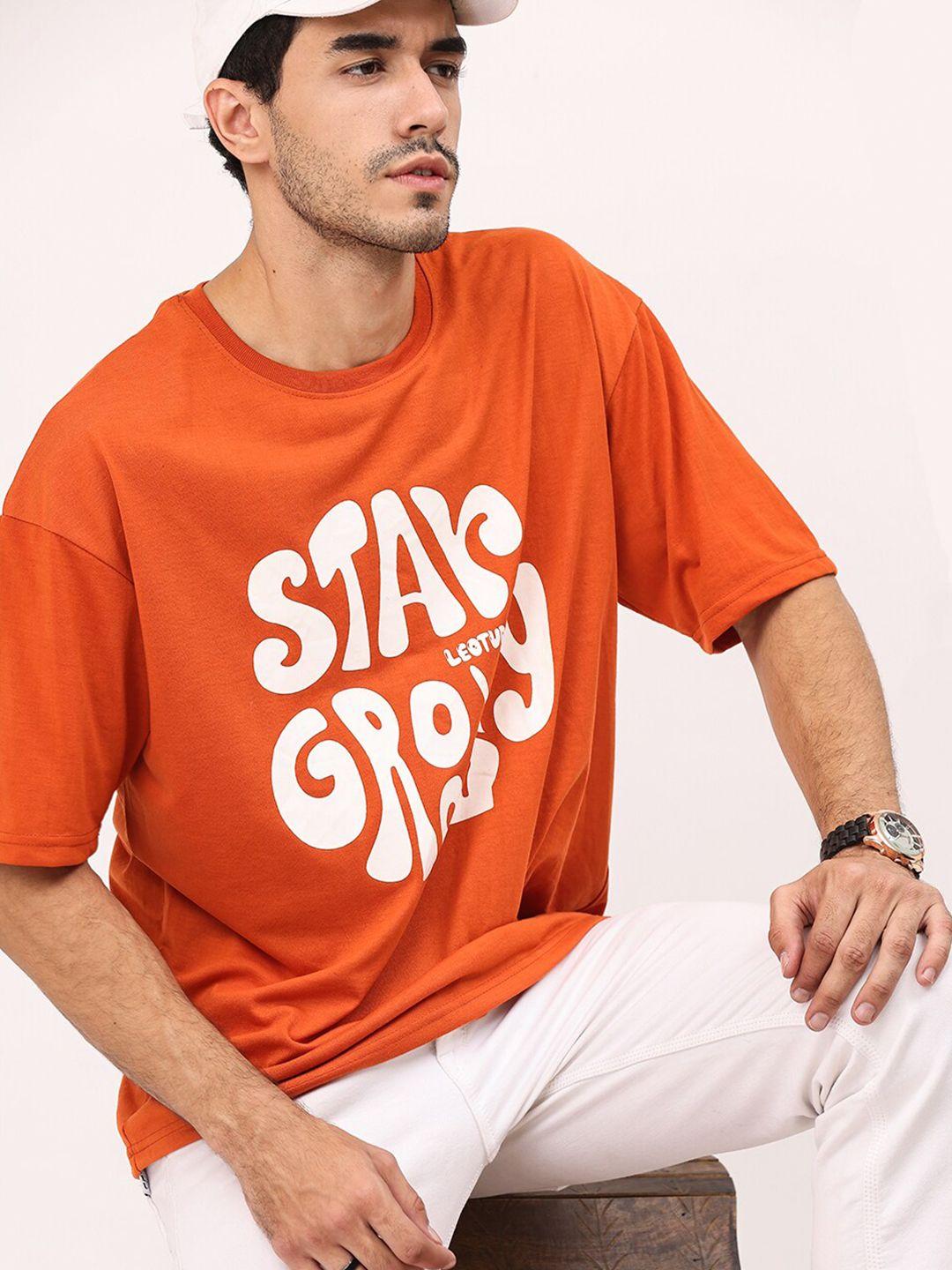 leotude men orange typography printed applique t-shirt