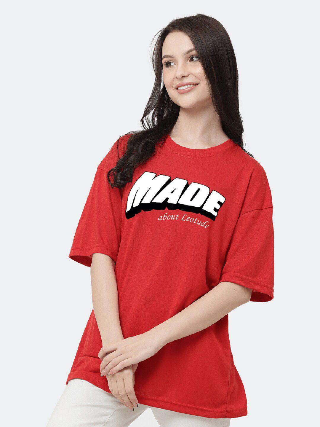 leotude women red typography printed applique t-shirt