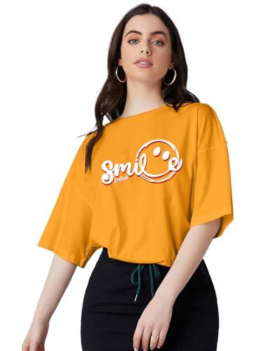 leotude womens oversized round neck cottonblend half sleeve t-shirts (grl_fs49_mstrd_smile_p_mustard_l)