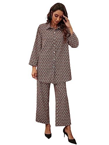 leriya fashion nightdress for women || rayon geometric printed co-ord set || button front shirt with wide leg pant night suit for women || comfortable lounge wear. (x-large, grey)