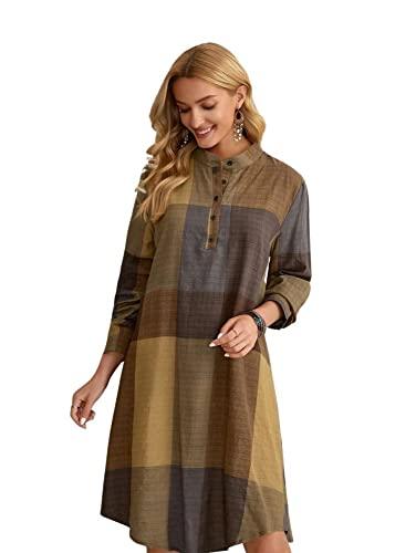 leriya fashion western dress || rayon color block half button front dress for women || long cuff sleeve & stand collared neck tunic dress || office || summer dresses for women. (large, mustard)