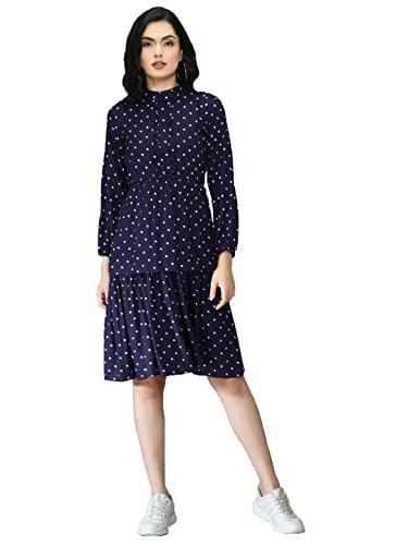 leriya fashion women's dote printed mesh high round collar neck tunic western dress (lf-wd-1009-m) blue