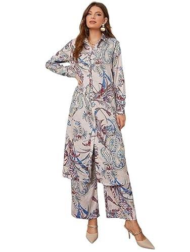 leriya fashion women's ethnic co ord set || paisley printed co-ord set for women || long straight shirt kurta with pant set for women || gift for women || fancy kurta set (small, off-white)