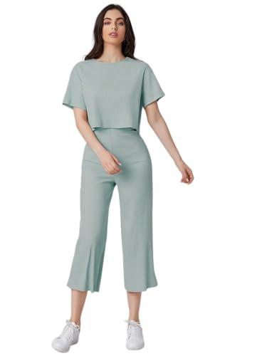 leriya fashion women co ord set | ribbed pajama set | casual wear pant top set | fancy co-ord set | pack of 2 | drop shoulder knit top & capris pants set | full pair set | (large, turquoise)