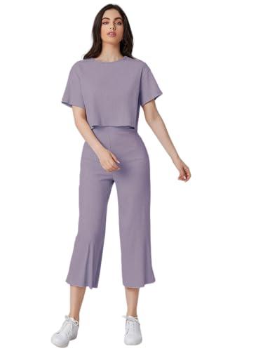 leriya fashion women co ord set | ribbed pajama set | casual wear pant top set | fancy co-ord set | pack of 2 | drop shoulder knit top & capris pants set | full pair set | (small, purple)