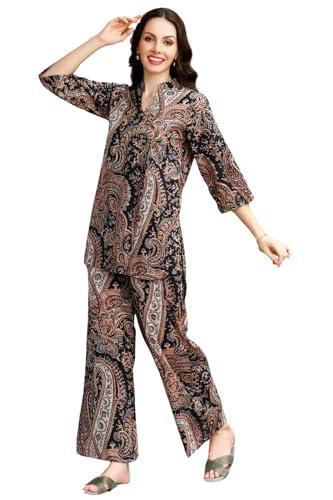leriya fashion women ethnic kurta set | rayon co-ord set | fancy pajama set | pack of 2 | floral printed top & pant set | full pair set | a-line kurta set for women | (x-large, black)