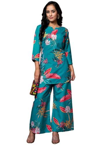 leriya fashion women ethnic kurta set | rayon co-ord set | fancy pajama set | pack of 2 | floral printed top & pant set | full pair set | a-line kurta set for women | co-ord set (x-large, turquoise)