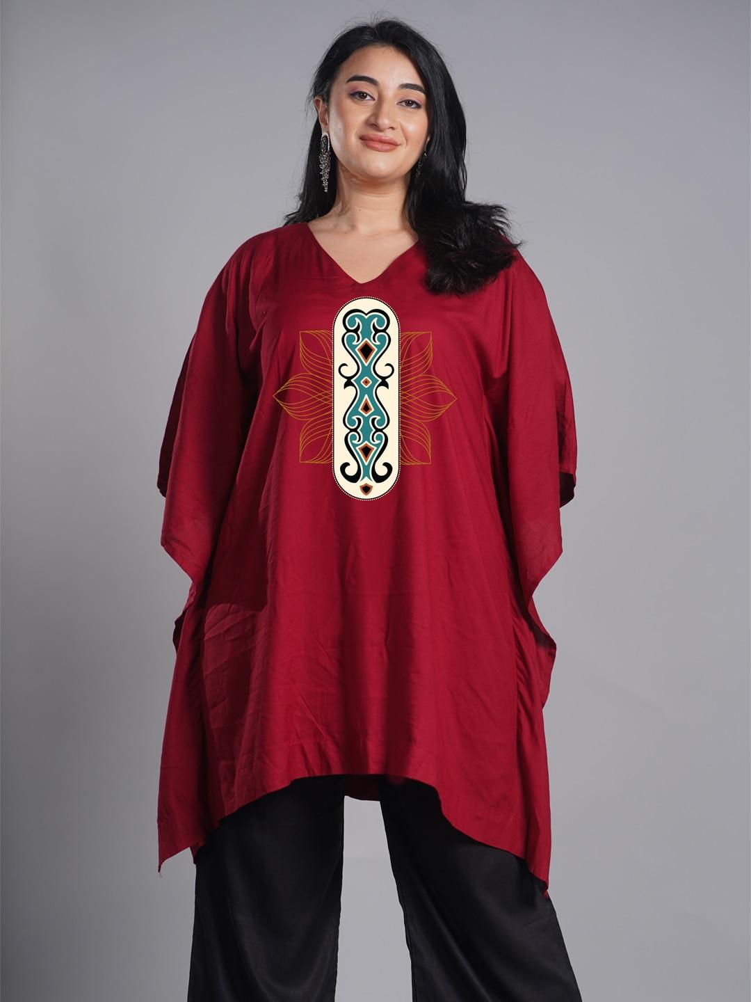 letsdressup maroon ethnic motifs printed v-neck kaftan kurti
