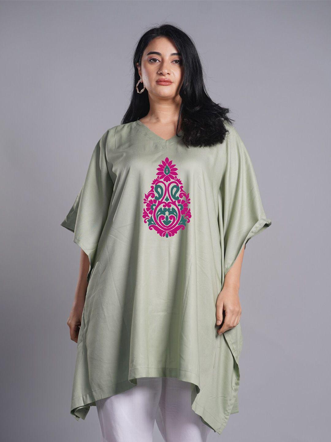 letsdressup olive green ethnic motifs printed v-neck flared sleeves kaftan kurti