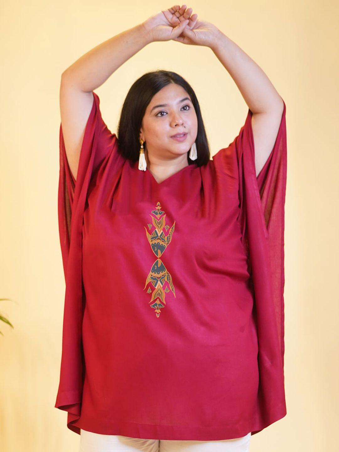 letsdressup women maroon embroidered keyhole neck flared sleeves thread work kurta
