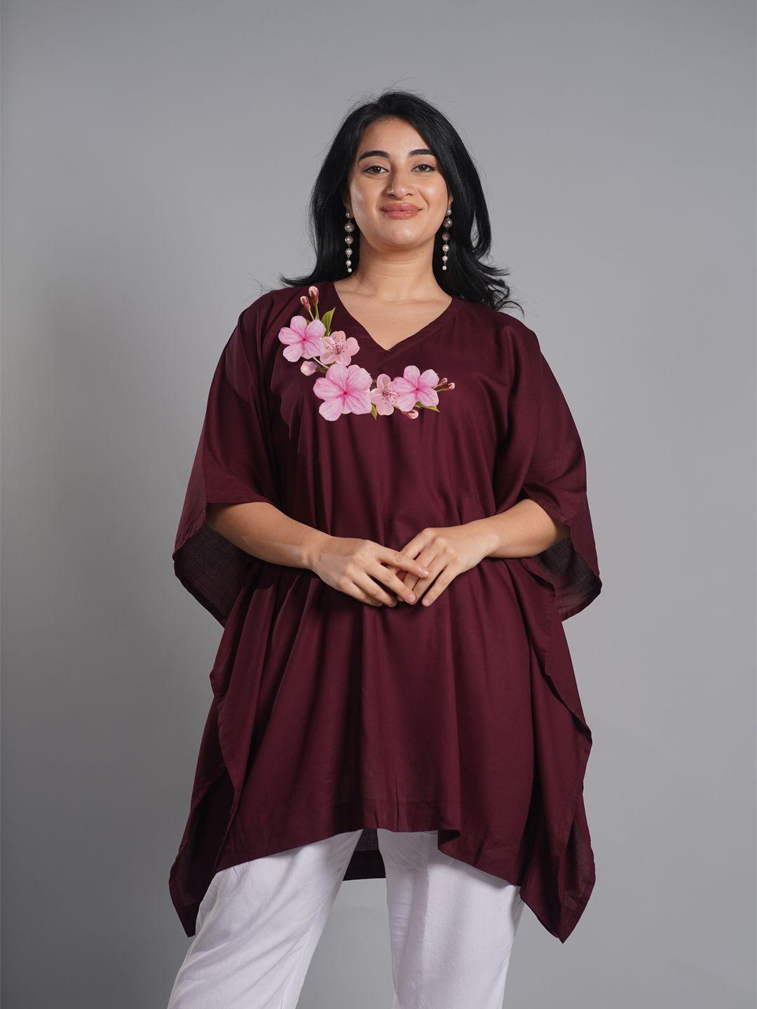 letsdressup burgundy ethnic motifs printed v-neck flared sleeves kurti