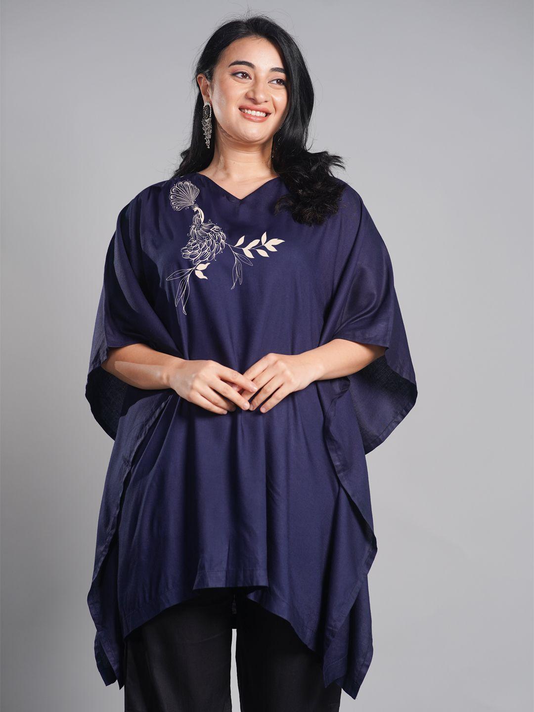 letsdressup navy blue floral printed v-neck extended sleeves kaftan kurti