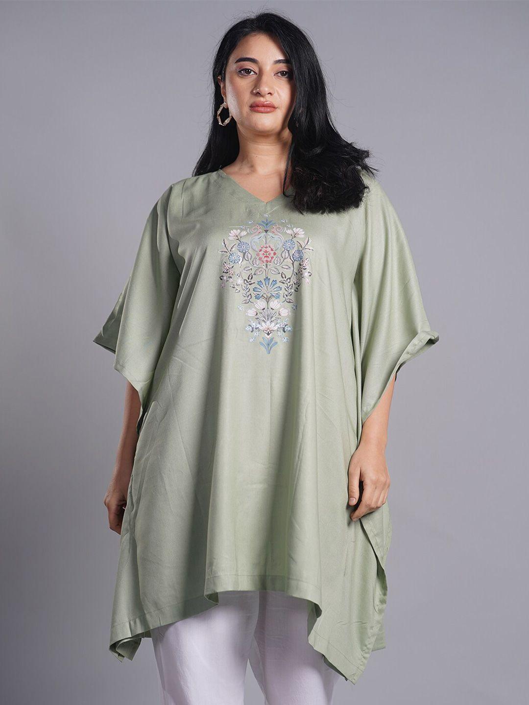 letsdressup olive green floral printed v-neck flared sleeves kaftan kurti