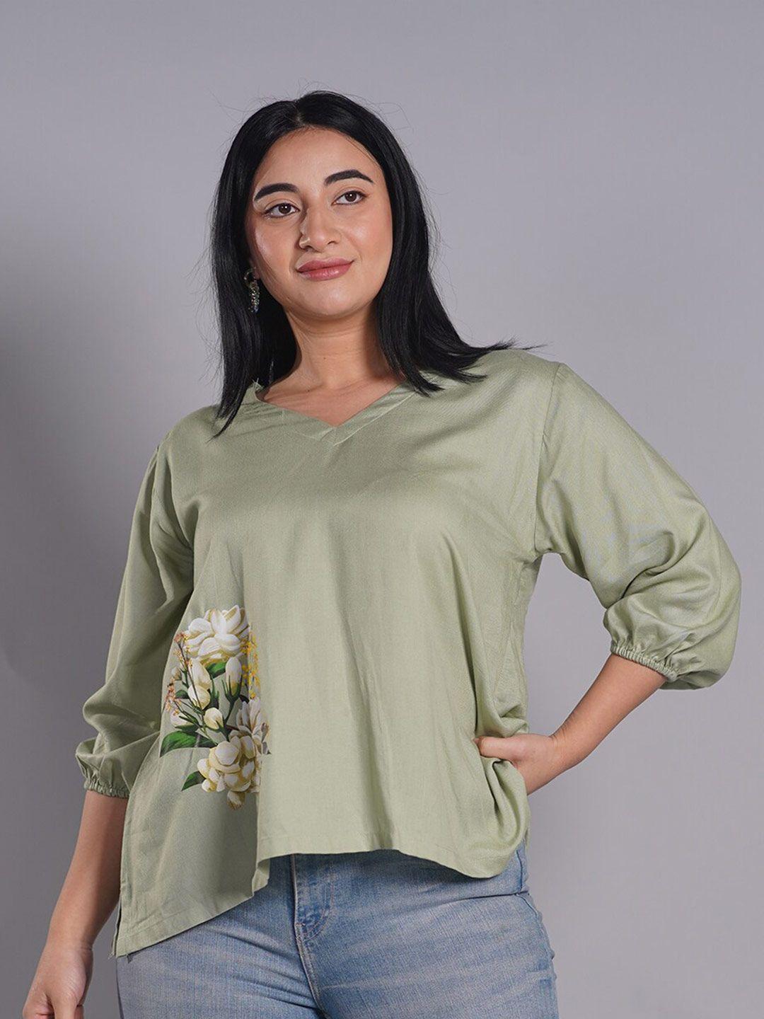 letsdressup olive green print slit sleeve cotton top