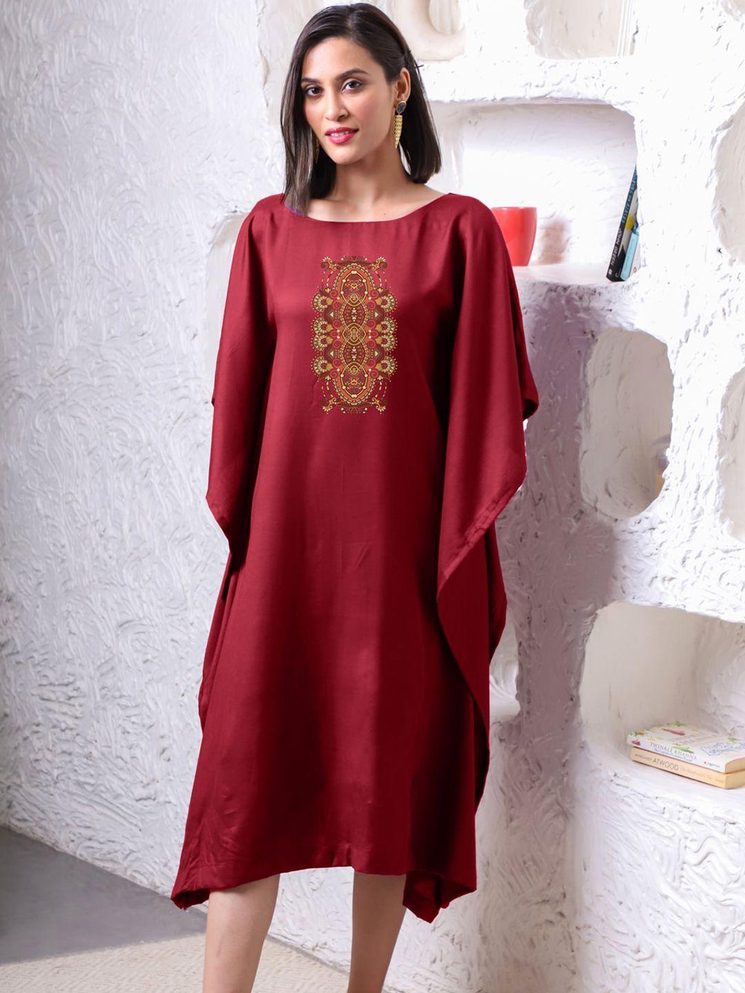 letsdressup women maroon embroidered flared sleeves kaftan kurta