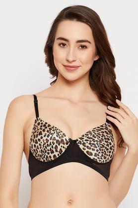 level 1 push-up padded non-wired demi cup animal print t-shirt bra in brown - brown