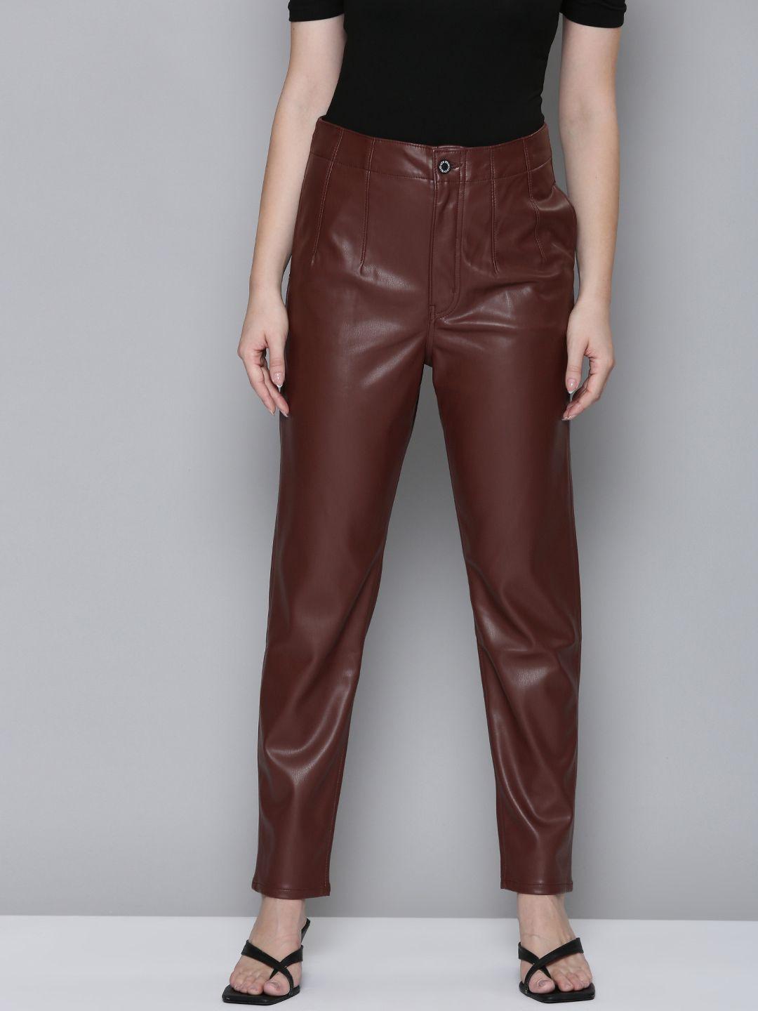 levi women tapered fit high- rise leather finish trousers