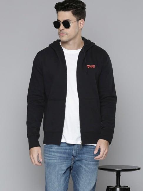 levi's black cotton regular fit logo printed hooded sweatshirt