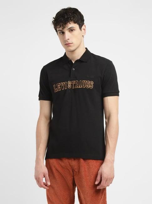 levi's black cotton slim fit logo printed polo t-shirt