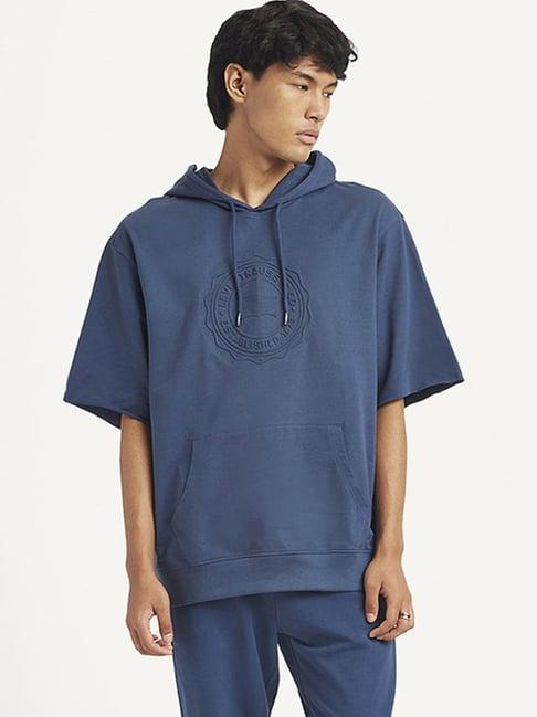 levi's blue cotton loose fit logo printed hooded sweatshirt