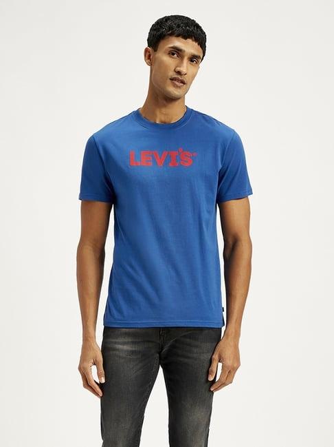 levi's blue cotton regular fit logo printed t-shirt