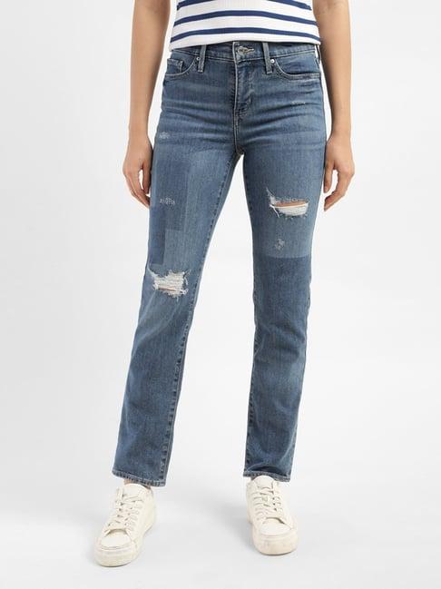 levi's blue distressed slim fit mid rise jeans