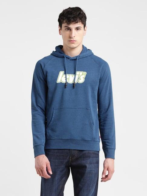 levi's blue regular fit logo printed hooded sweatshirt