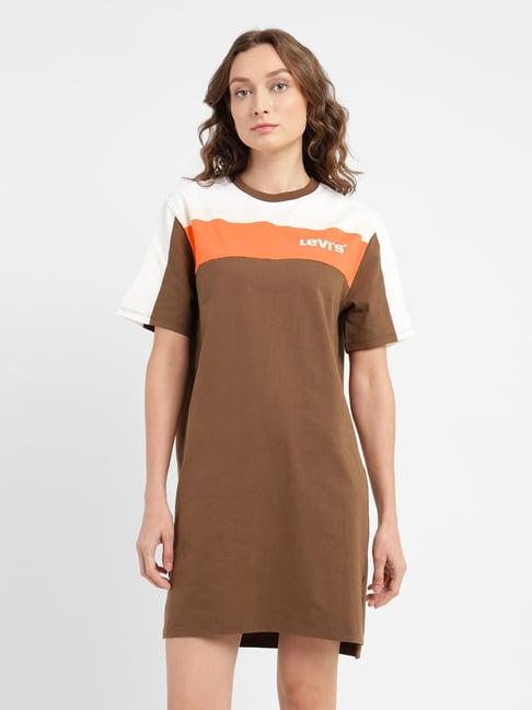 levi's brown pure cotton color-block shirt dress