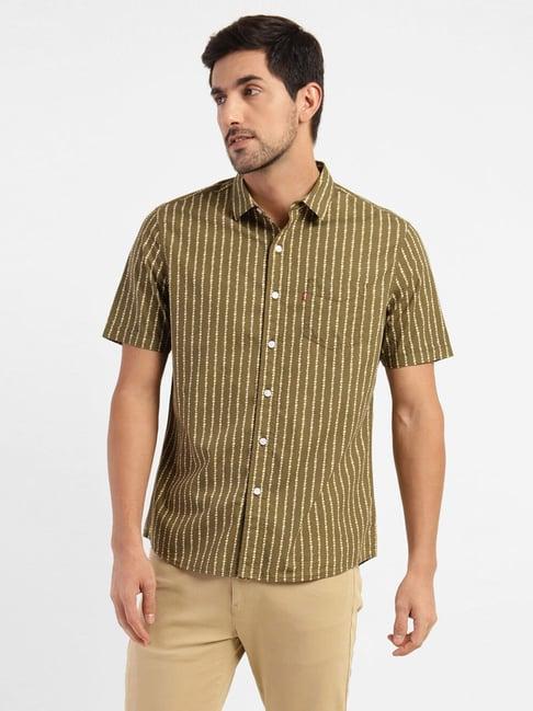 levi's dark olive pure cotton slim fit striped shirts