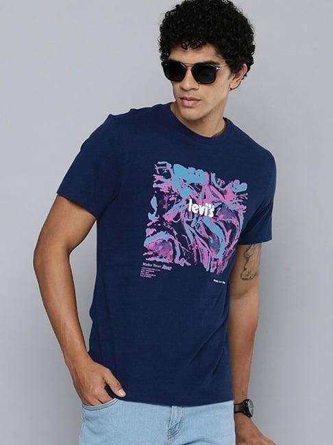 levi's navy blue pure cotton regular fit printed t-shirt