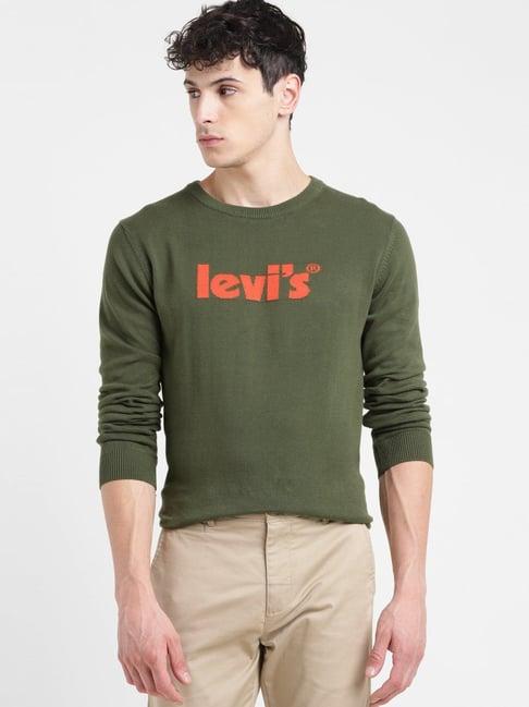 levi's olive cotton regular fit logo printed sweater