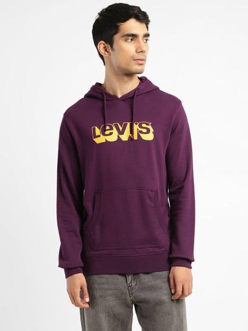 levi's purple cotton regular fit logo printed hooded sweatshirt