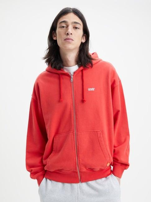 levi's red cotton regular fit hooded jacket