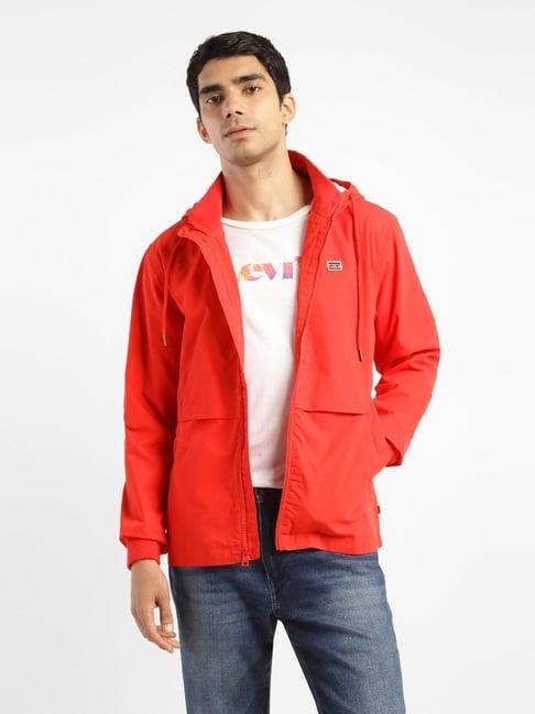 levi's red cotton regular fit hooded jacket