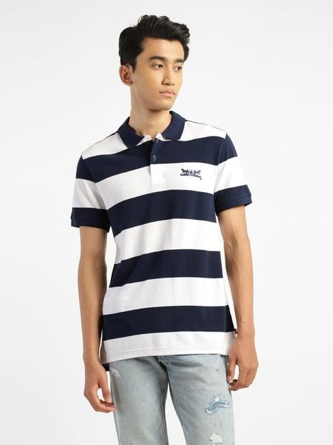 levi's white & blue cotton regular fit striped polo t-shirt