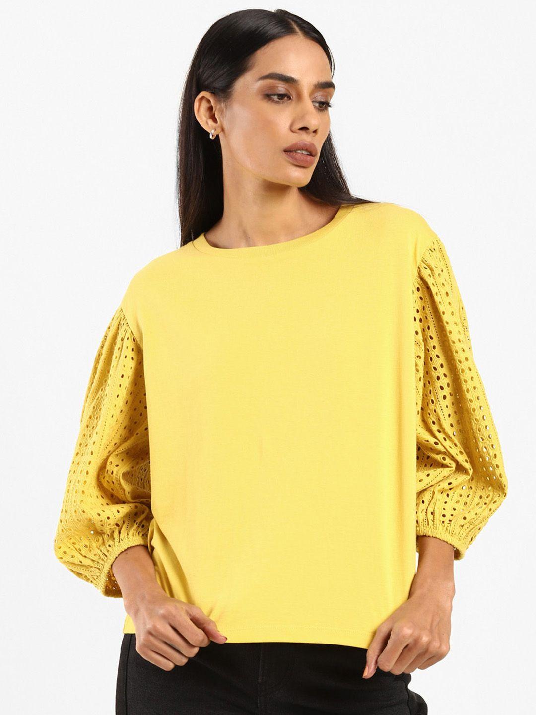 levi's x deepika padukone women yellow solid organic cotton poet sleeves regular top