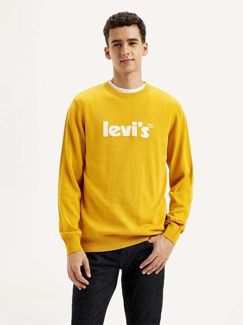 levi's yellow cotton slim fit logo printed sweater