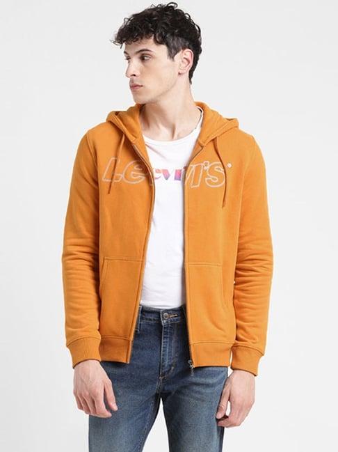 levi's yellow regular fit logo printed hooded sweatshirt