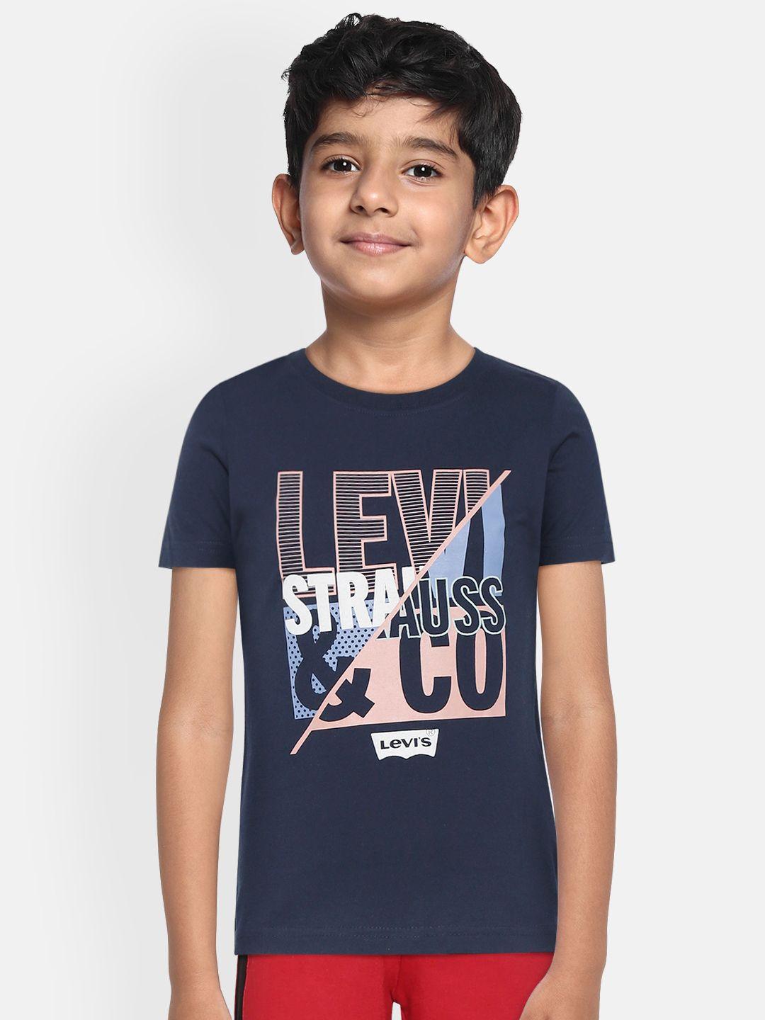 levis boys navy blue  peach-coloured brand logo printed pure cotton t-shirt