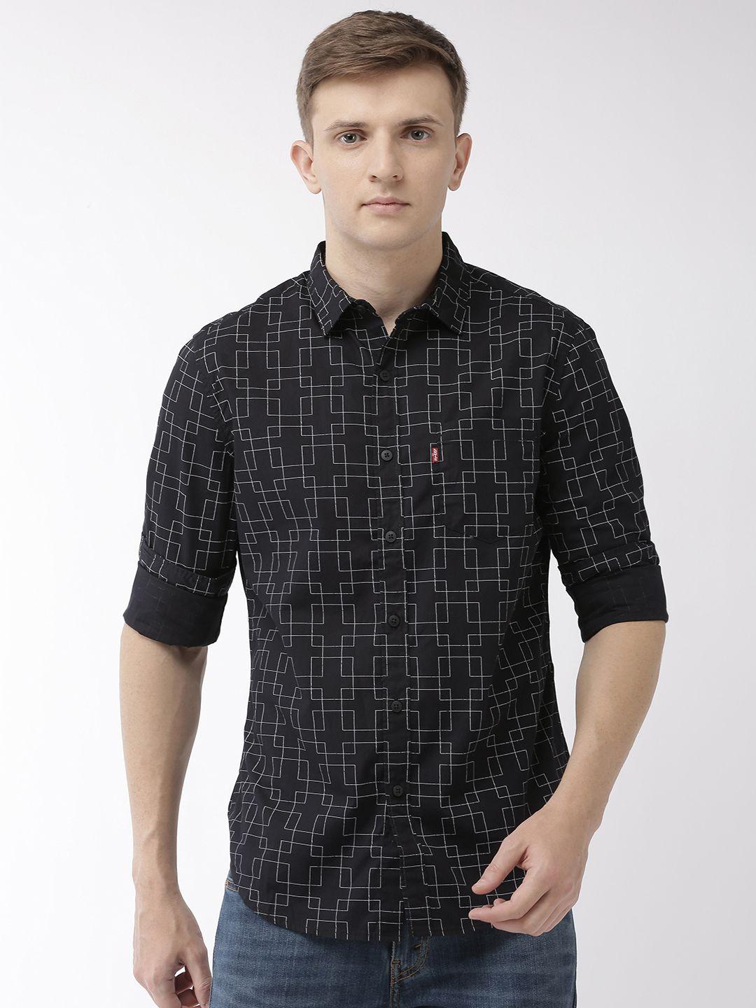 levis men black & white slim fit printed casual shirt
