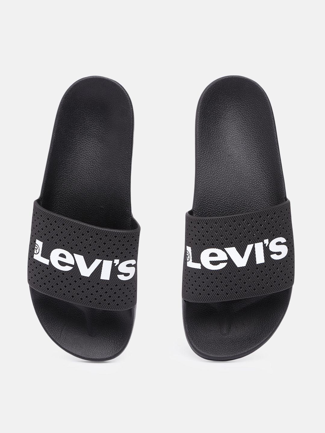 levis men black june perforations brand logo printed sliders