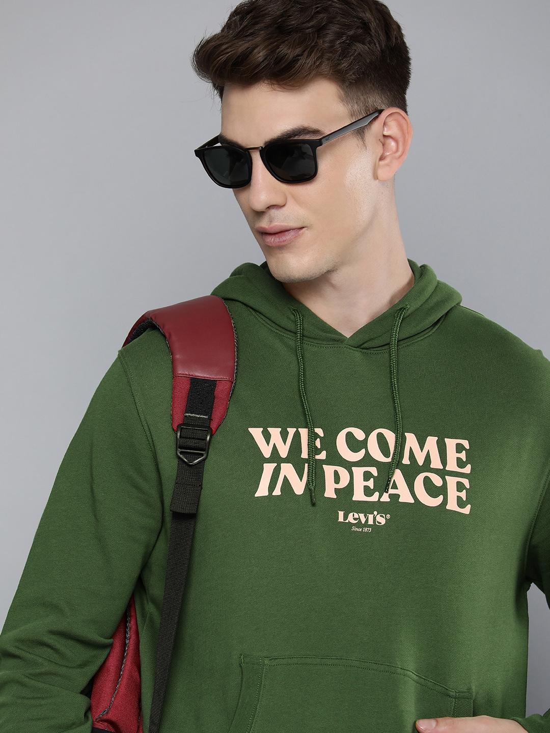 levis men green printed hooded pure cotton  sweatshirt