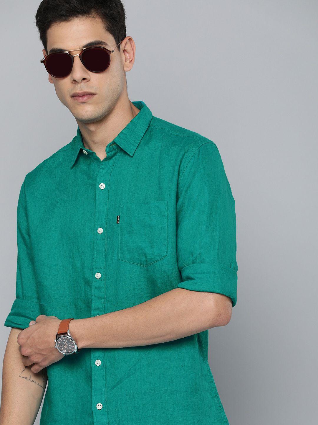 levis men green slim fit opaque casual linen shirt