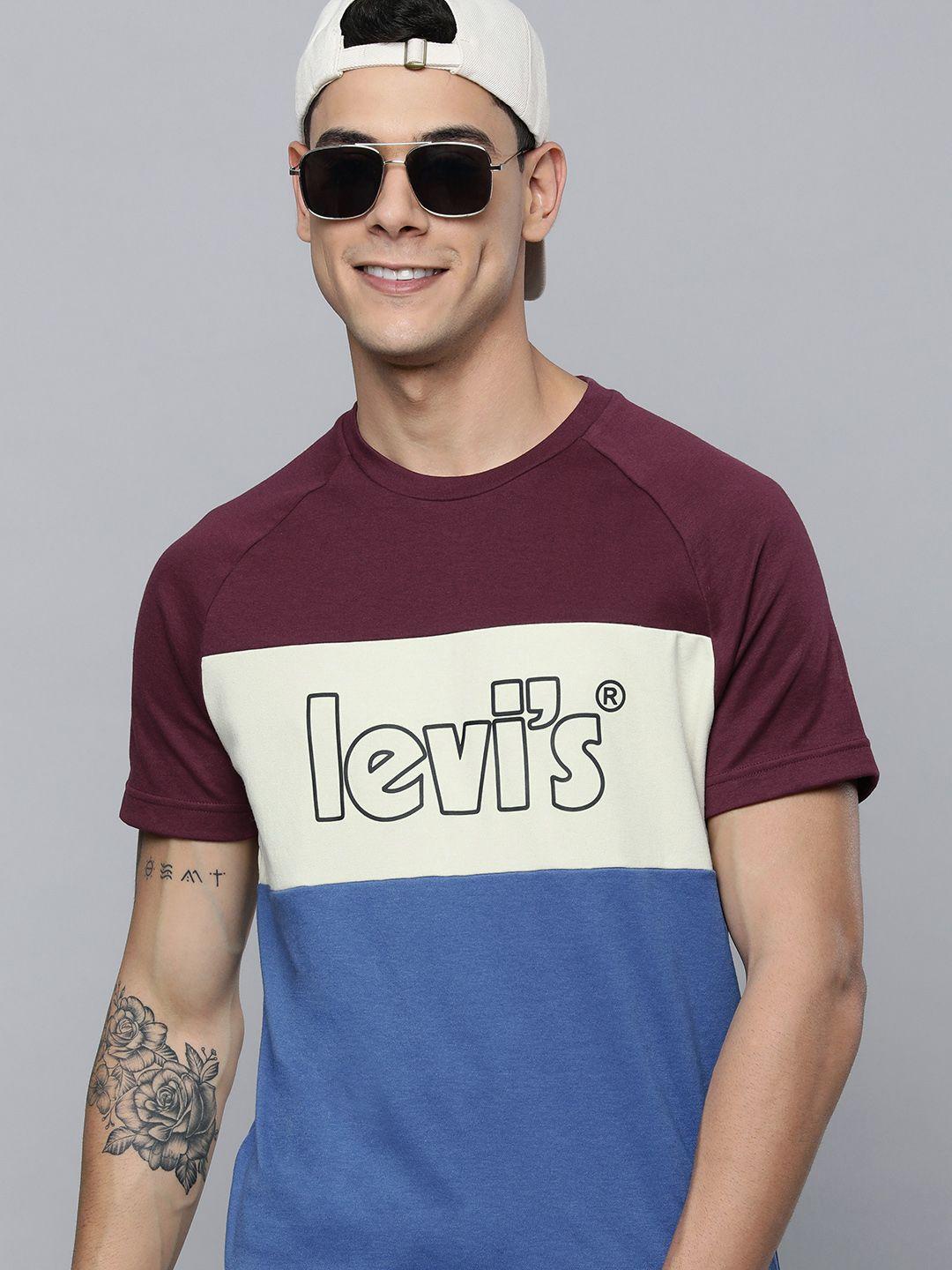 levis men maroon & blue colourblocked round-neck casual t-shirt