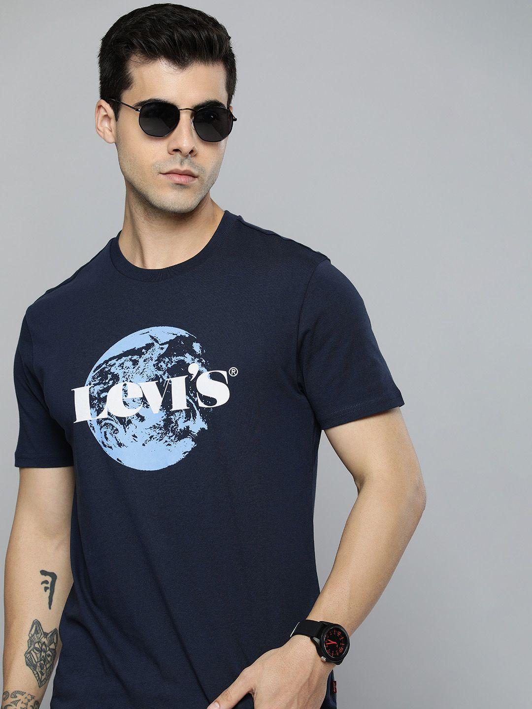 levis men navy blue & white brand logo printed pure cotton t-shirt