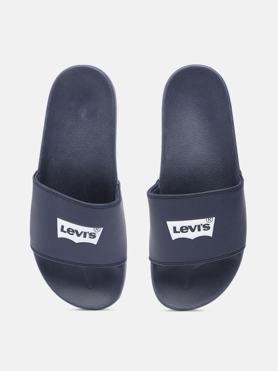 levis men navy blue june batwing brand logo printed sliders