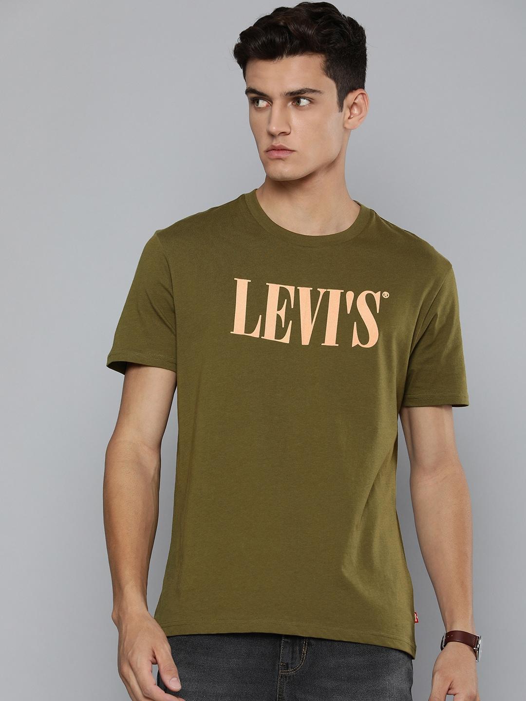 levis men olive green typography printed pure cotton casual t-shirt