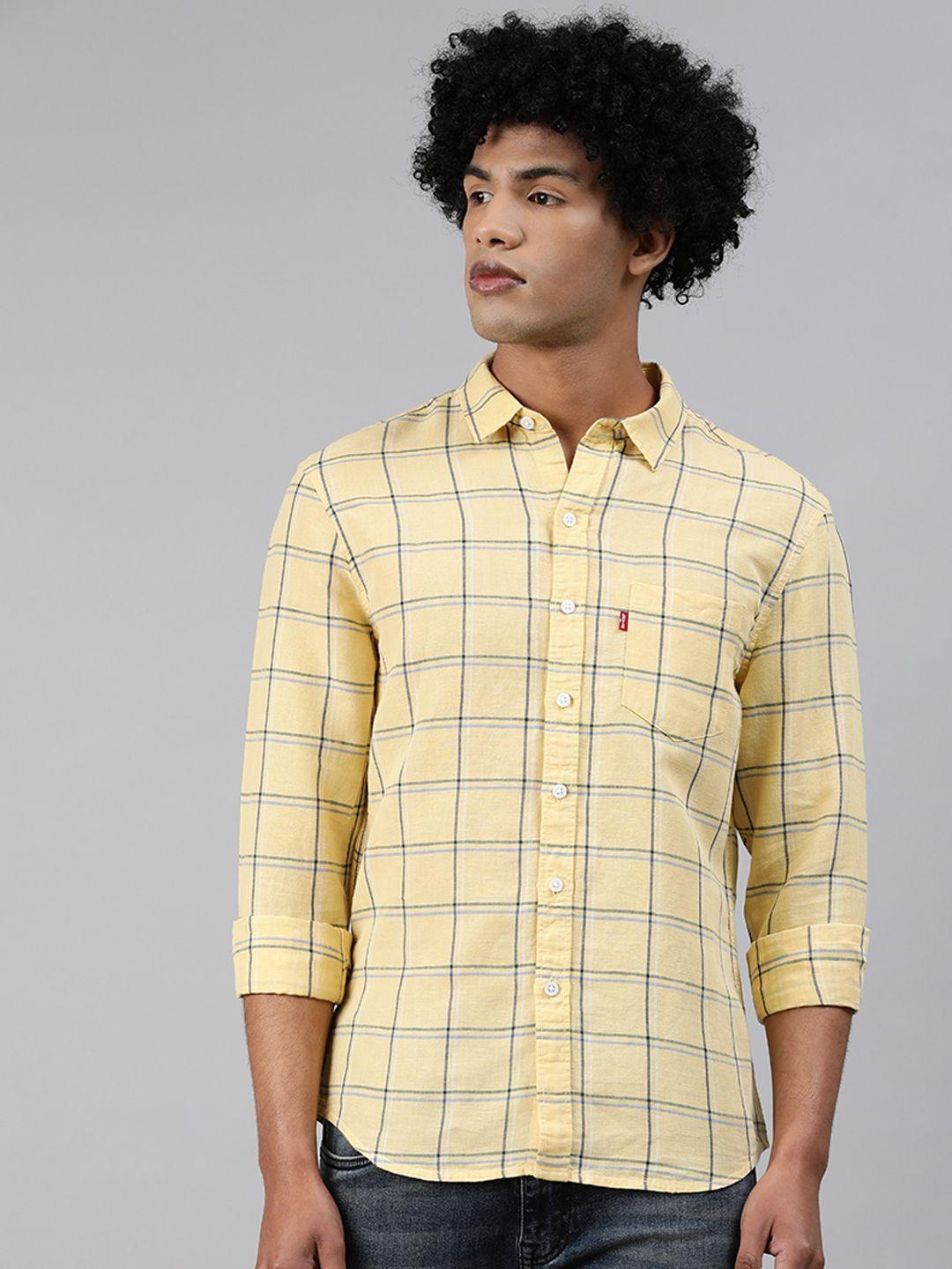 levis men yellow slim fit checked casual linen-cotton shirt
